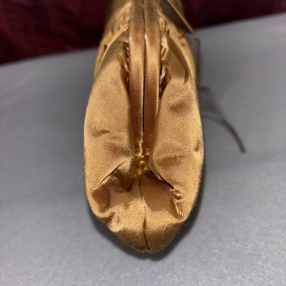 Valerie Stevens Gold Satin Duel Strap Clutch Purse Bow Rhinestone Kiss Lock EUC